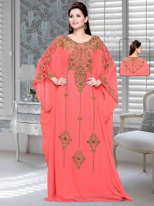 Coral Embroidered Faux Georgette Farasha