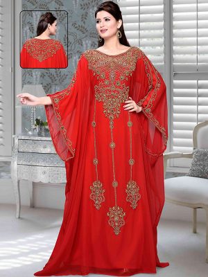 Red Embroidered Faux Georgette Farasha