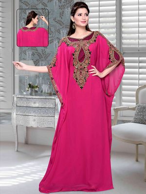 Fuchsia Pink Embroidered Faux Georgette Farasha