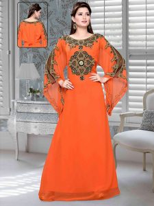 Orange Embroidered Faux Georgette Kaftan