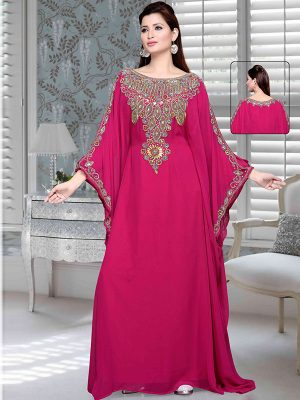 Fuchsia Pink Embroidered Faux Georgette Farasha