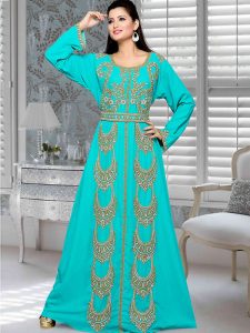 Turquoise Blue Embroidered Faux Georgette Kaftan