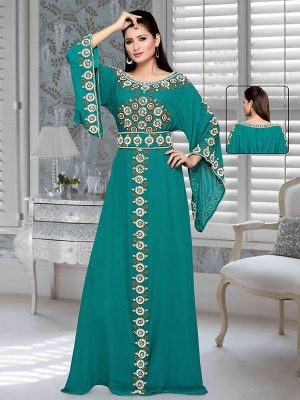 Teal Green Embroidered Faux Georgette Kaftan