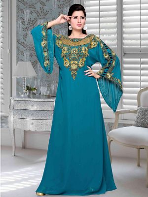 Turquoise Blue Embroidered Faux Georgette Kaftan