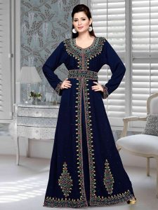 Navy Blue Embroidered Faux Georgette Kaftan