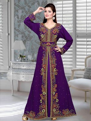 Purple Embroidered Faux Georgette Kaftan