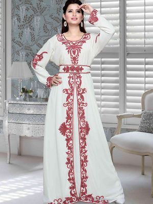 Off White Embroidered Faux Georgette Kaftan