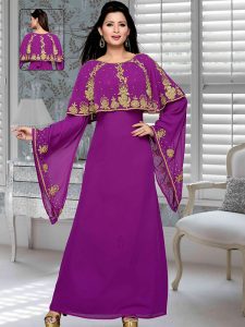 Purple Embroidered Faux Georgette Kaftan