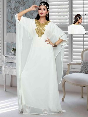 Off White Embroidered Faux Georgette Farasha