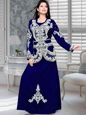 Royal Blue Embroidered Velvet Kaftan