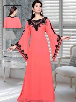 Coral Embroidered Faux Georgette Kaftan