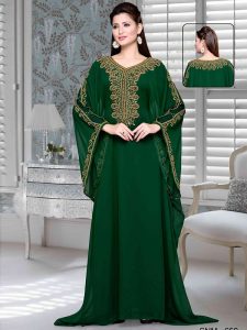 Bottle Green Embroidered Faux Georgette Farasha