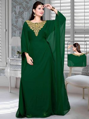 Bottle Green Embroidered Faux Georgette Farasha