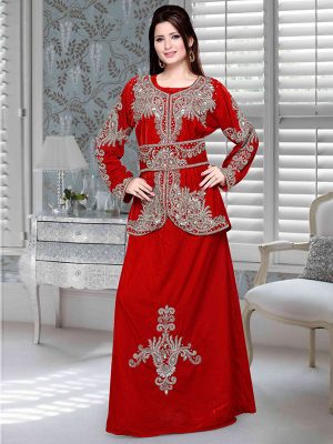 Red Embroidered Velvet Kaftan