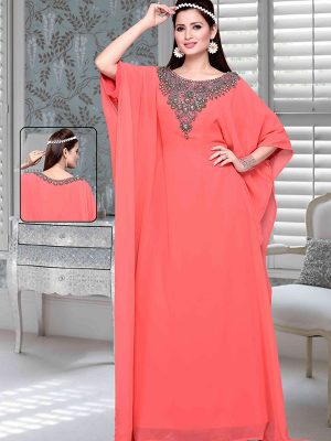 Coral Embroidered Faux Georgette Farasha