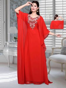 Red Embroidered Faux Georgette Farasha