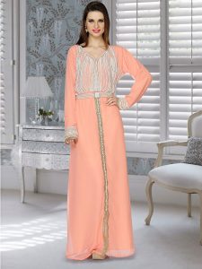 Peach Embroidered Faux Georgette Kaftan