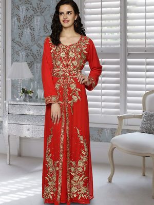 Red Embroidered Faux Georgette Kaftan