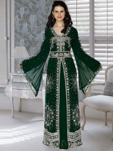 Bottle Green Embroidered Faux Georgette Kaftan