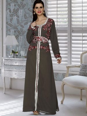 Grey Embroidered Faux Georgette Kaftan