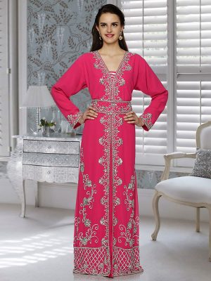 Pink Embroidered Faux Georgette Kaftan