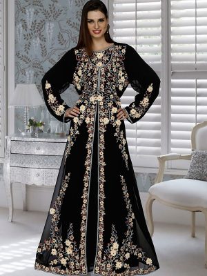 Black Embroidered Faux Georgette Kaftan