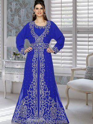 Royal Blue Embroidered Faux Georgette Kaftan