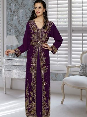 Purple Embroidered Faux Georgette Kaftan