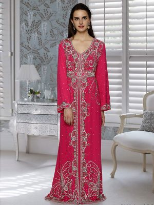 Pink Embroidered Faux Georgette Kaftan