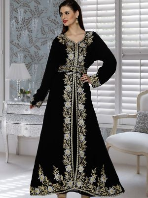 Black Embroidered Faux Georgette Kaftan