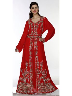 Red Embroidered Faux Georgette Kaftan