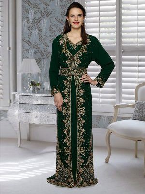 Bottle Green Embroidered Faux Georgette Kaftan