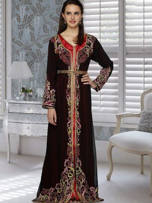 Black And Red Satin Embroidered Faux Georgette And Satin Kaftan
