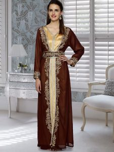 Brown And Golden Satin Embroidered Faux Georgette And Satin Kaftan