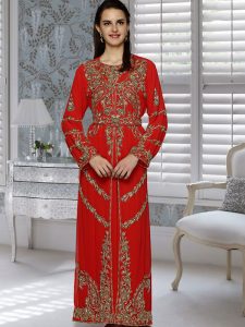 Red Embroidered Faux Georgette Kaftan