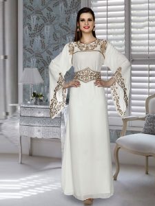 Off White Embroidered Faux Georgette Kaftan