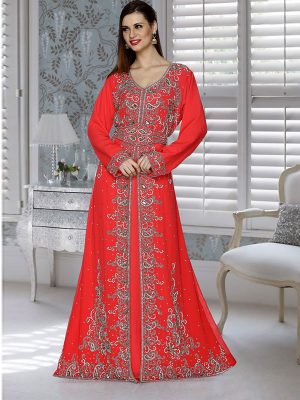 Coral Embroidered Faux Georgette Kaftan