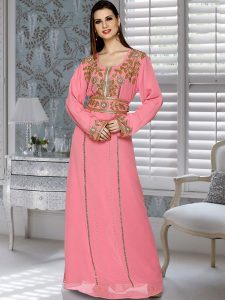 Pink Embroidered Faux Georgette Kaftan