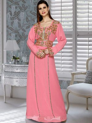 Pink Embroidered Faux Georgette Kaftan