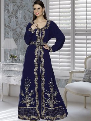 Navy Blue Embroidered Faux Georgette Kaftan