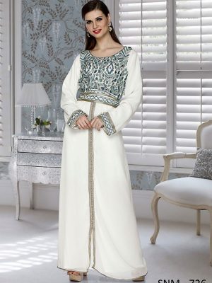 Off White Embroidered Faux Georgette Kaftan