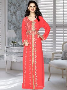 Coral Embroidered Faux Georgette Kaftan