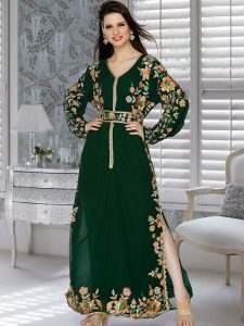 Bottle Green Embroidered Faux Georgette Kaftan