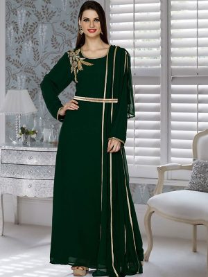 Bottle Green Embroidered Faux Georgette Kaftan