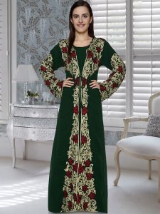 Bottle Green Embroidered Faux Georgette Kaftan