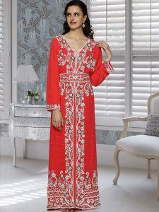 Coral Embroidered Faux Georgette Kaftan