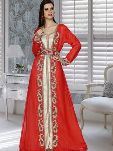Red And Golden Satin Embroidered Faux Georgette And Satin Kaftan
