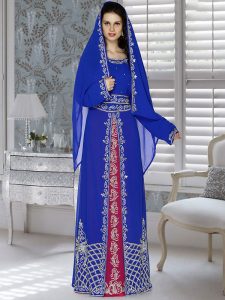 Royal Blue And Pink Embroidered Faux Georgette Kaftan