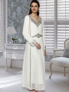 Off White Embroidered Faux Georgette Kaftan