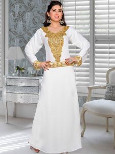 Off White Embroidered Faux Georgette Kaftan